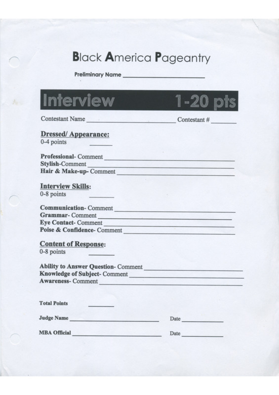 A judge's scoring card for the "Interview" category of Black American Pageantry. The text includes the sections "Dressed/Appearance," "Interview Skills," and "Content of Response". 