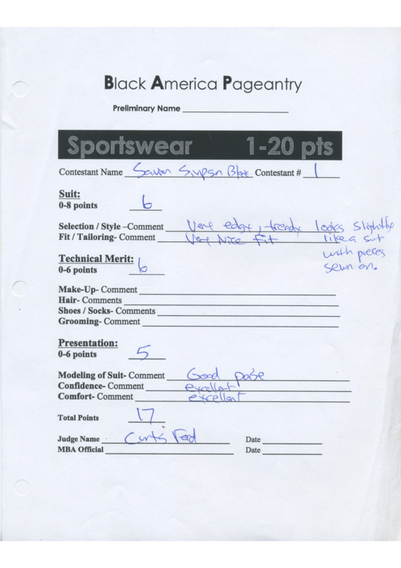 A judge's filled-out scoring card for the "Sportswear" category of Black American Pageantry. The text includes the sections "Suit," "Technical Merit," and "Presentation". 