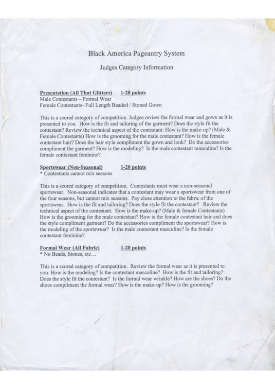 First page of a document outlining the category information of Black American Pageantry. The text includes the categories of "Presentation (All That Glitters)," "Sportswear (Non-Seasonal)," and "Formal Wear (All Fabric)". 