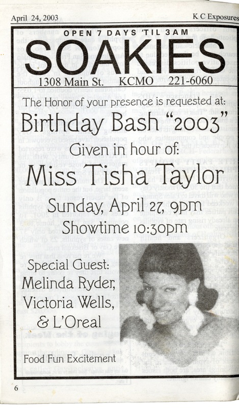 KC Exposures publication advertising Tisha Taylor's "Birthday Bash 2003" at Soakie's. The bottom right corner contains a headshot of Tisha Taylor. 
