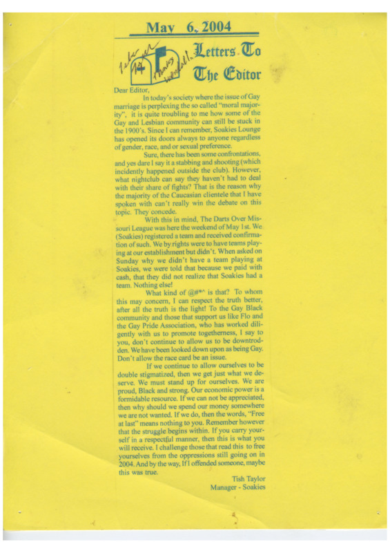 A letter from Tisha Taylor to a publication editor.